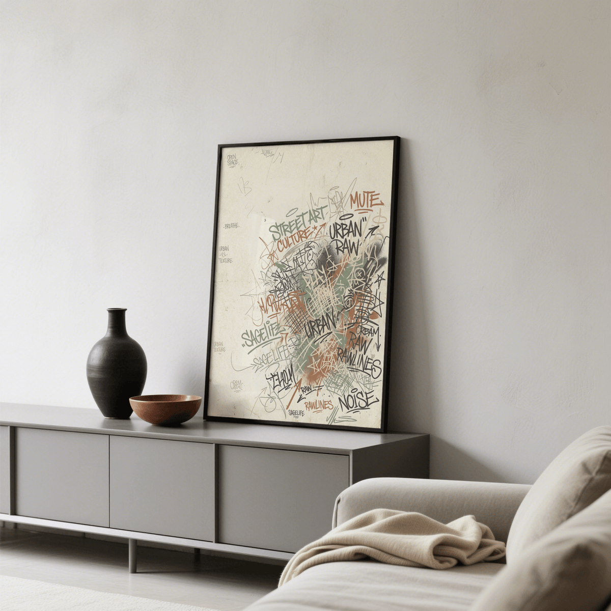 Print of urban street art text with scribbles in brown green and black leaning on a grey sideboard with ceramics