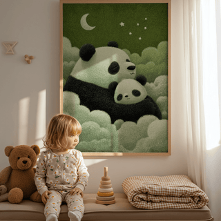 Panda nursery decor with sleeping panda and cub in green clouds above a bench with a teddy bear