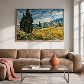 Nature Poster framed print of a field with cypress trees and swirling sky above a sofa with a terracotta vase on the table