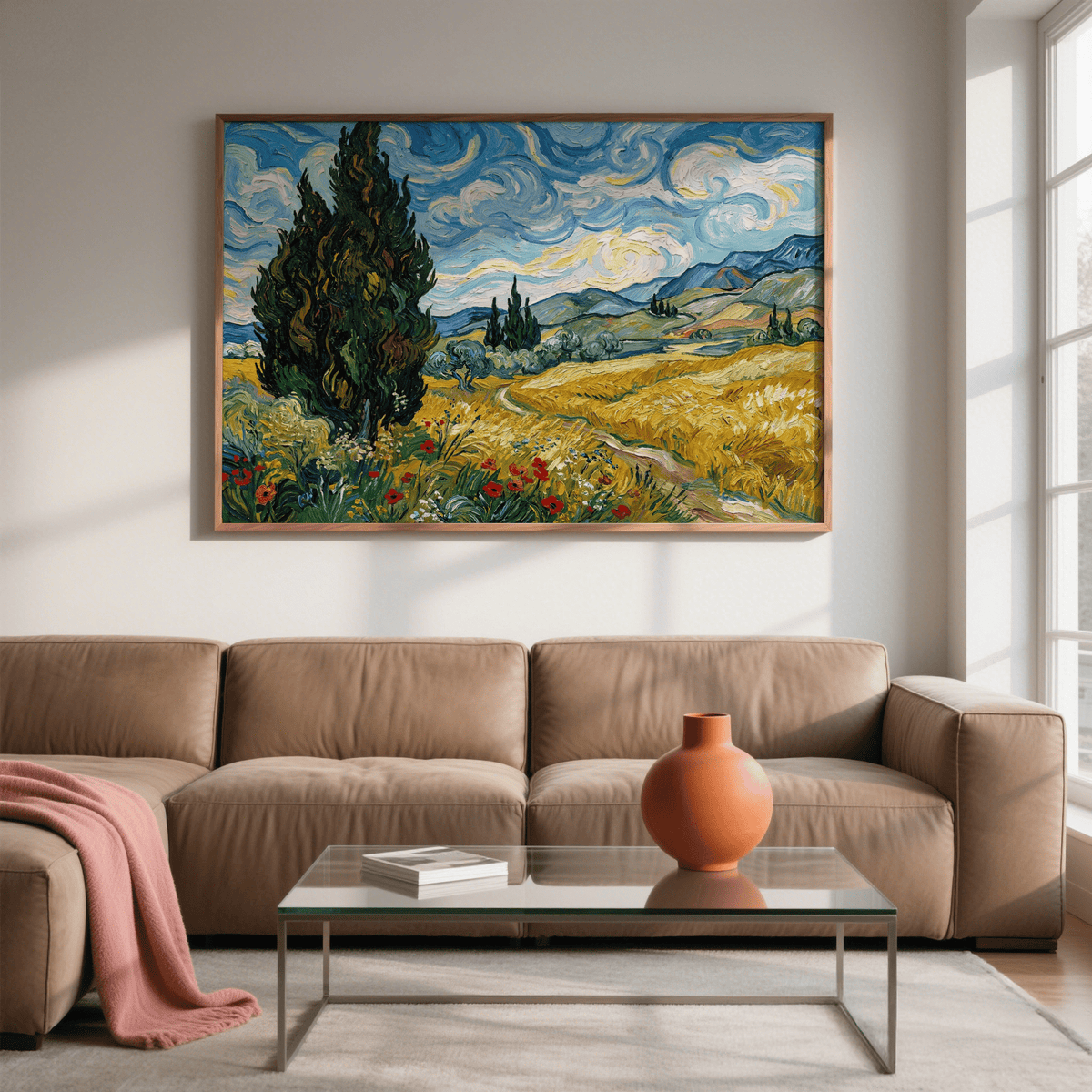 Nature Poster framed print of a field with cypress trees and swirling sky above a sofa with a terracotta vase on the table