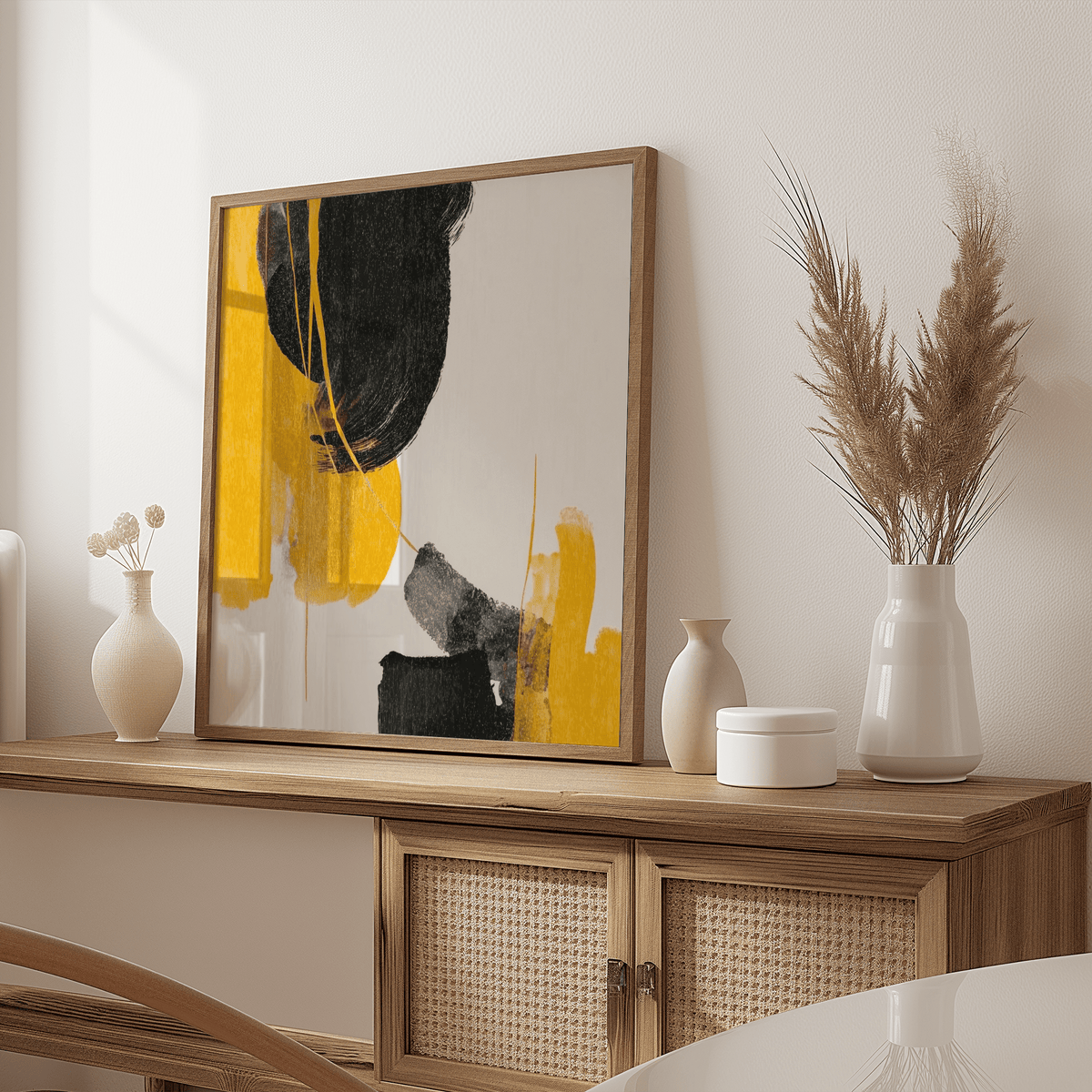 Print leaning on shelf with abstract black and yellow brushstrokes next to vases and plants