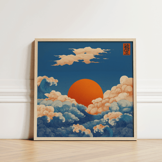 Print leaning on a floor showing ocean waves and an orange sun in a japanese-ink style