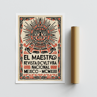 Rolled print with Mexican Culture Poster folk-art Aztec sun stone symbol in red and black