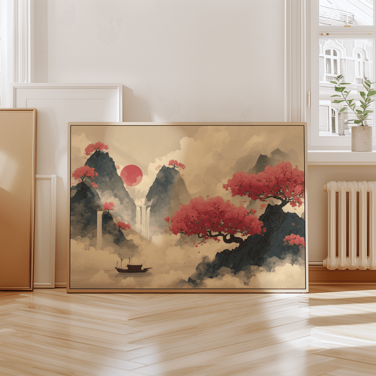 Print leaning on a floor of Chinese ink wall art with red cherry blossom trees and mist