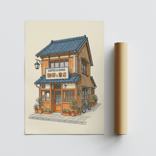 Japanese Coffee Poster rolled print with coffee shop building illustration in blue and brown tones