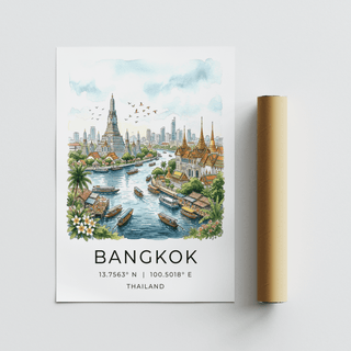 Bangkok City Art Print with green river boats next to a packaging tube