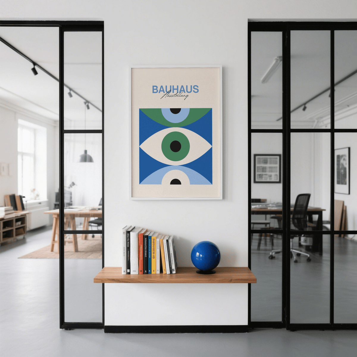 Eye Art Print framed print with blue and green abstract eye shapes above a shelf with books and a blue sphere in an office