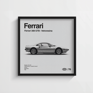 Classic 1970s Italian Sports Car Poster framed close-up showing a black frame and typographic car details
