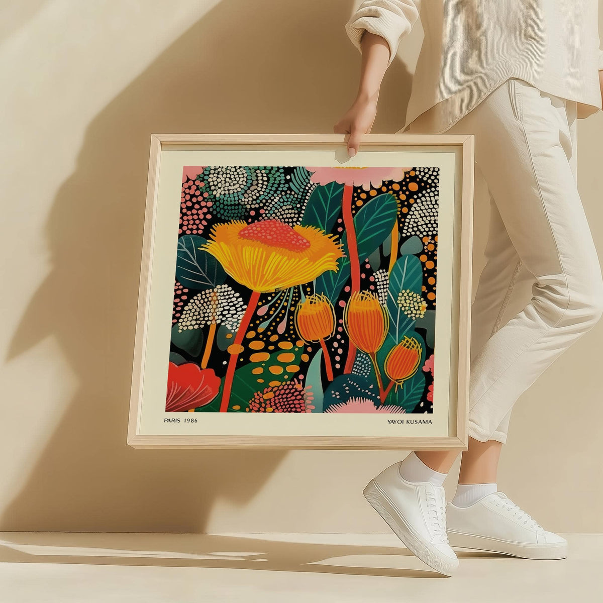 Framed Floral Prints for Framing featuring a vibrant abstract floral pattern with orange and green tones held by a person