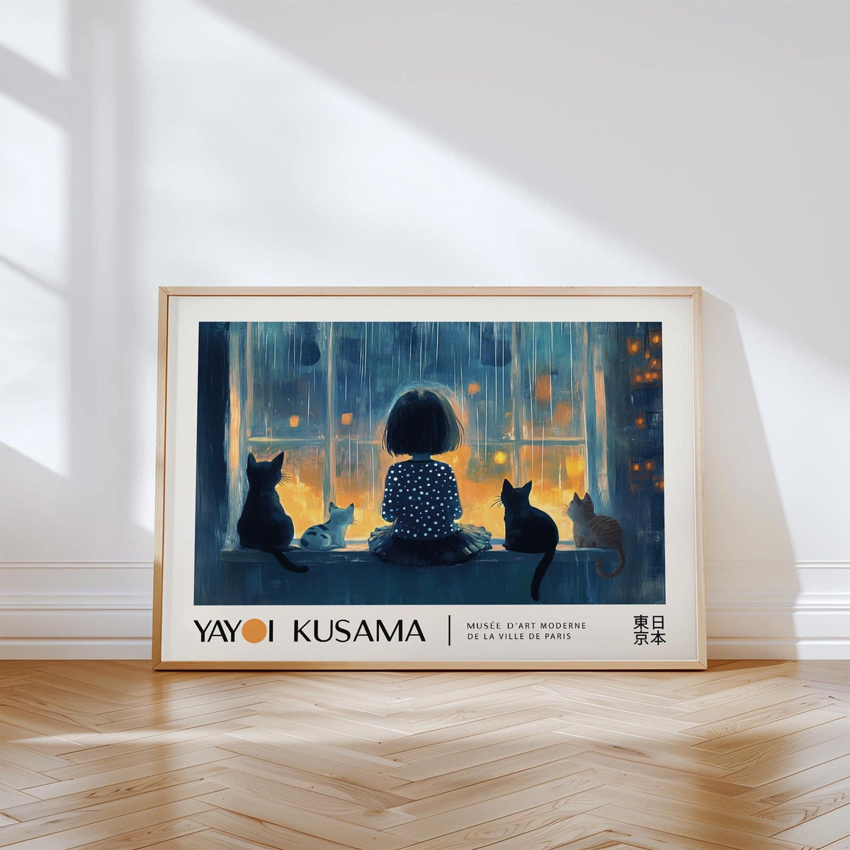 Cat Wall Decor print leaning on floor showing a girl and four cats by a window in blue and orange tones