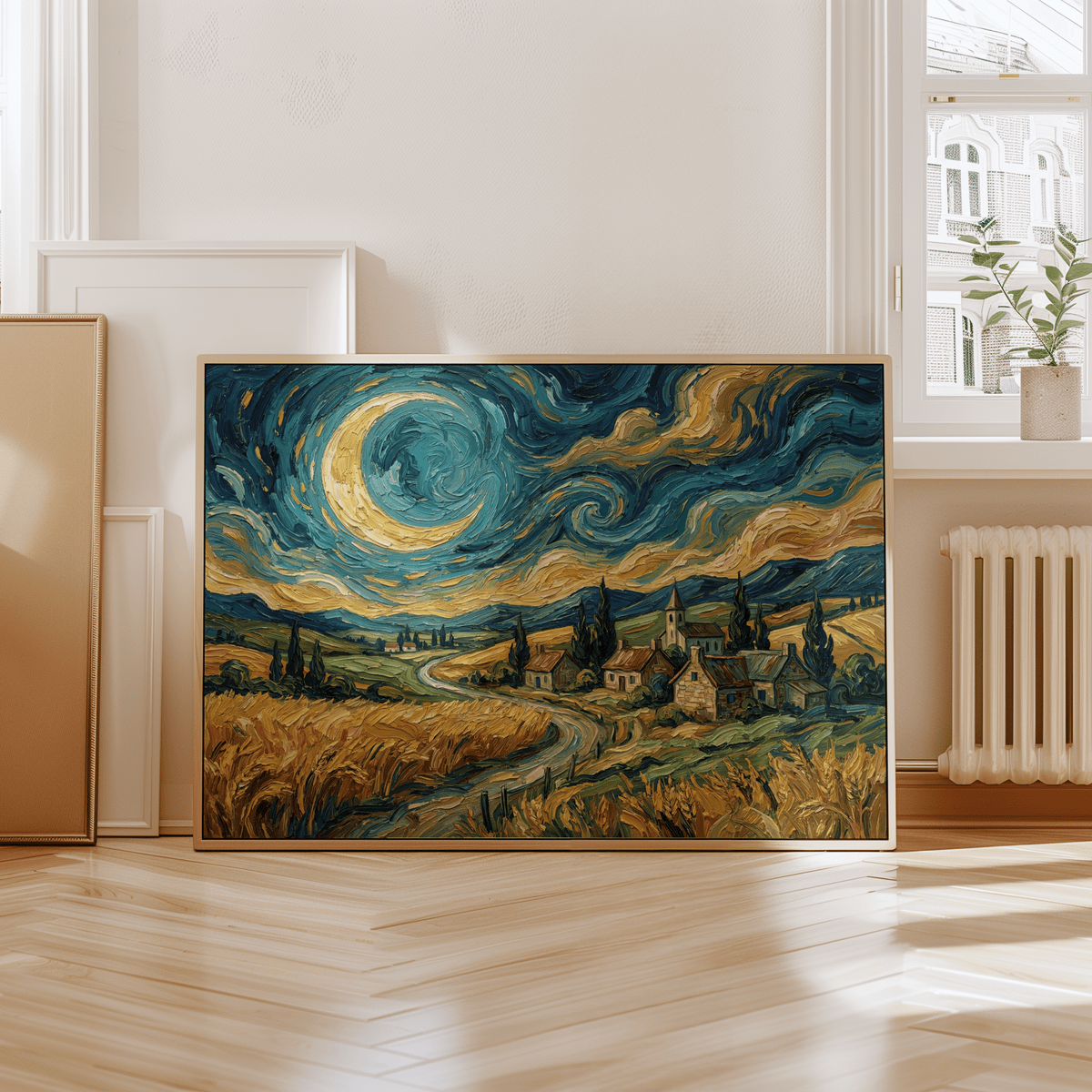 Print leaning on floor of swirling night village in blue and yellow tones with plant on windowsill