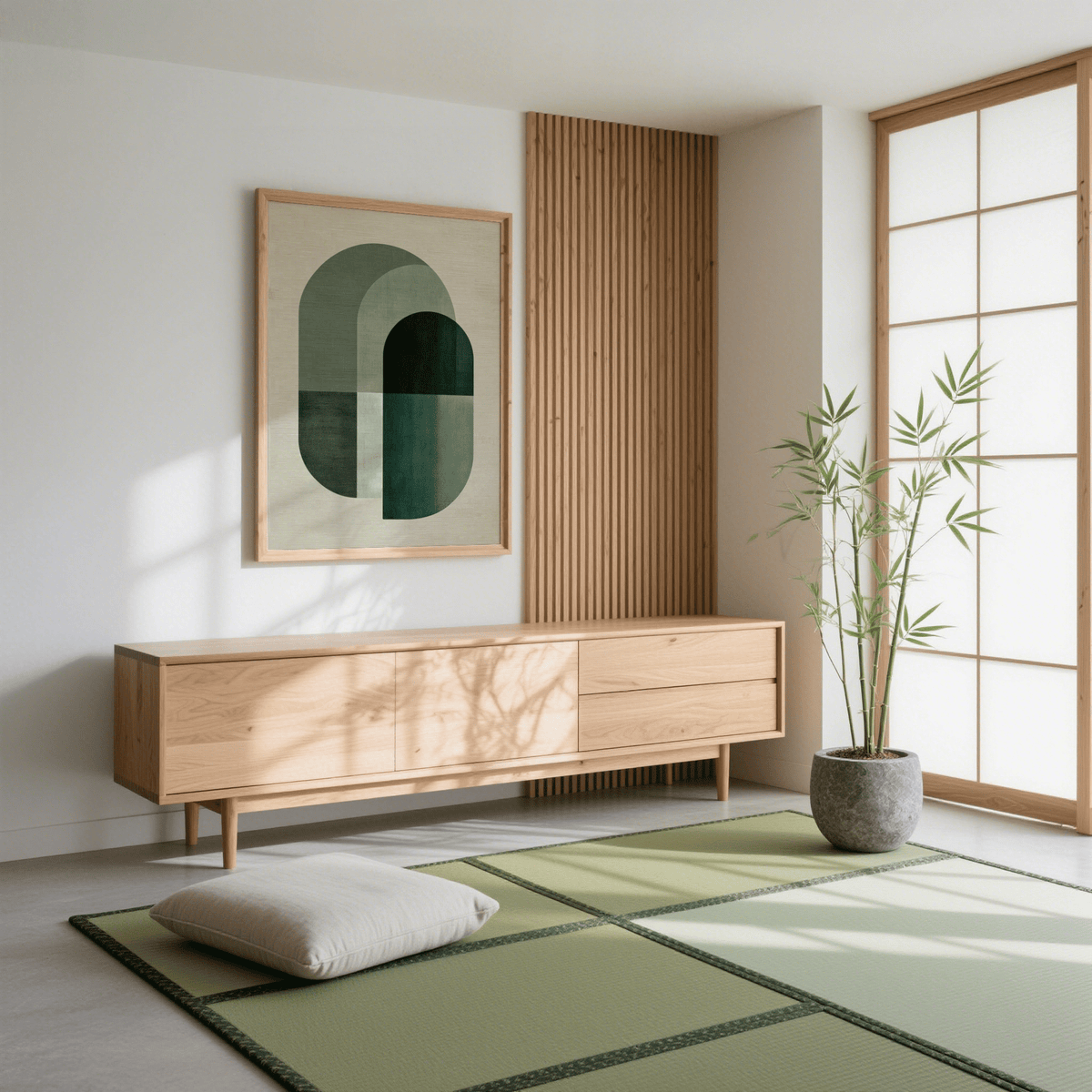 Green Tone Poster Print hanging above a wooden sideboard with a potted plant nearby in a bright room
