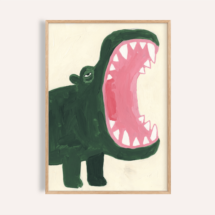 Framed print of a roaring hippopotamus illustration in green and pink on a light background