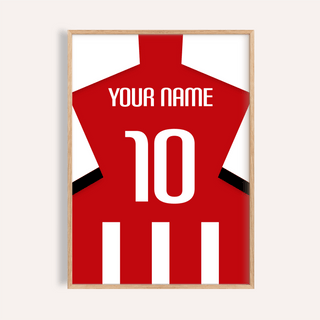 Framed print of a football shirt in red and white stripes with a white number and name