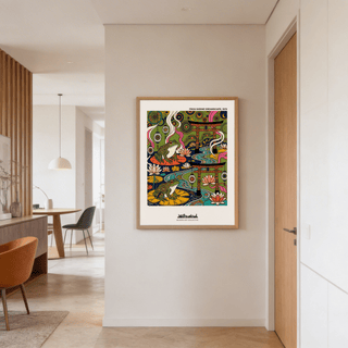 Japanese Frog Art Print hung on a wall in a modern room with a wooden chair nearby