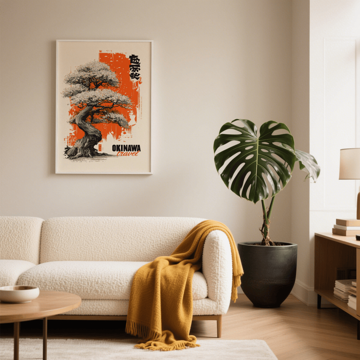 Cherry Blossom Tree Poster print on a wall with a large green plant beside a cream sofa