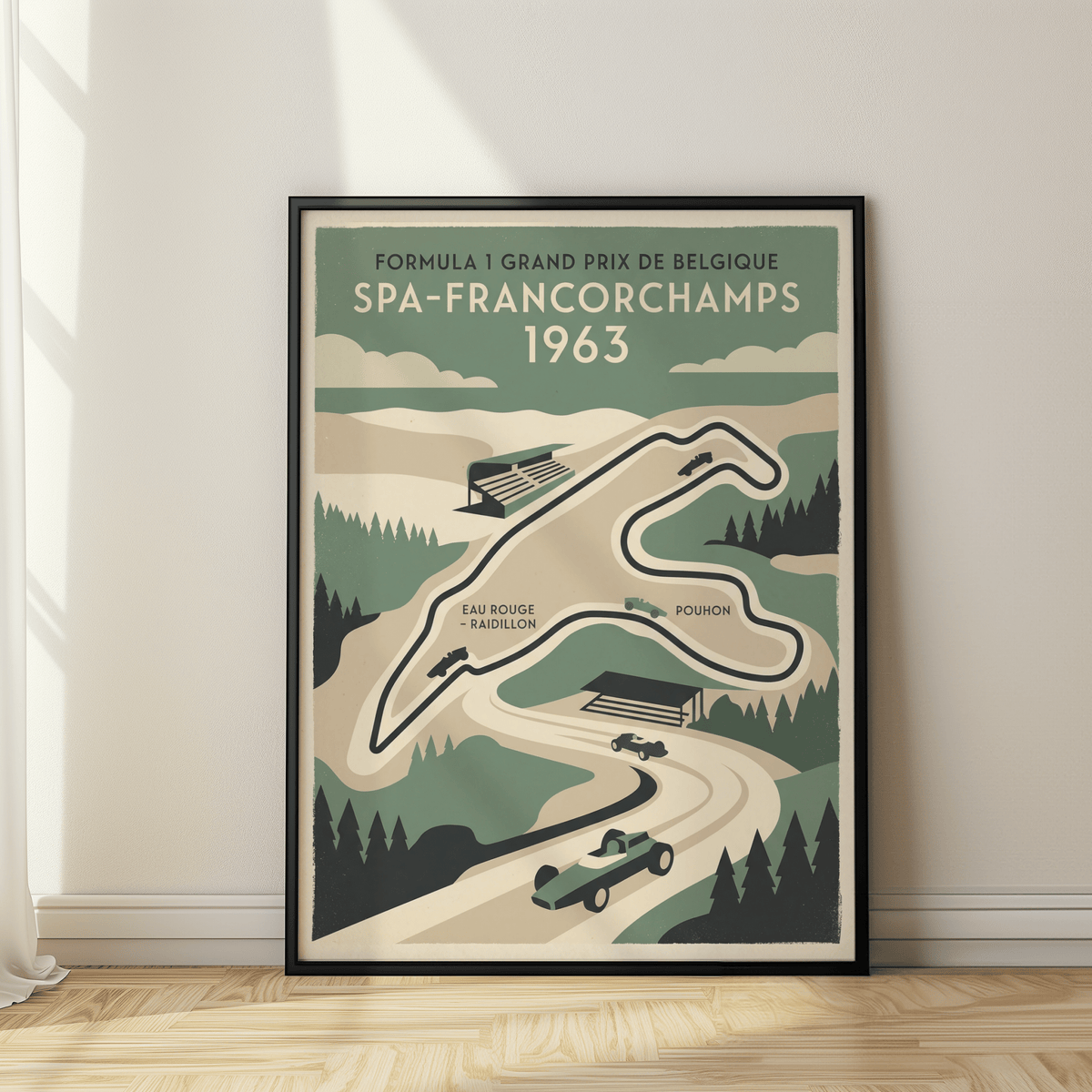 Framed Belgian Race Circuit Map Poster with Spa Francorchamps 1963 track in retro green and beige tones leaning on a wooden floor