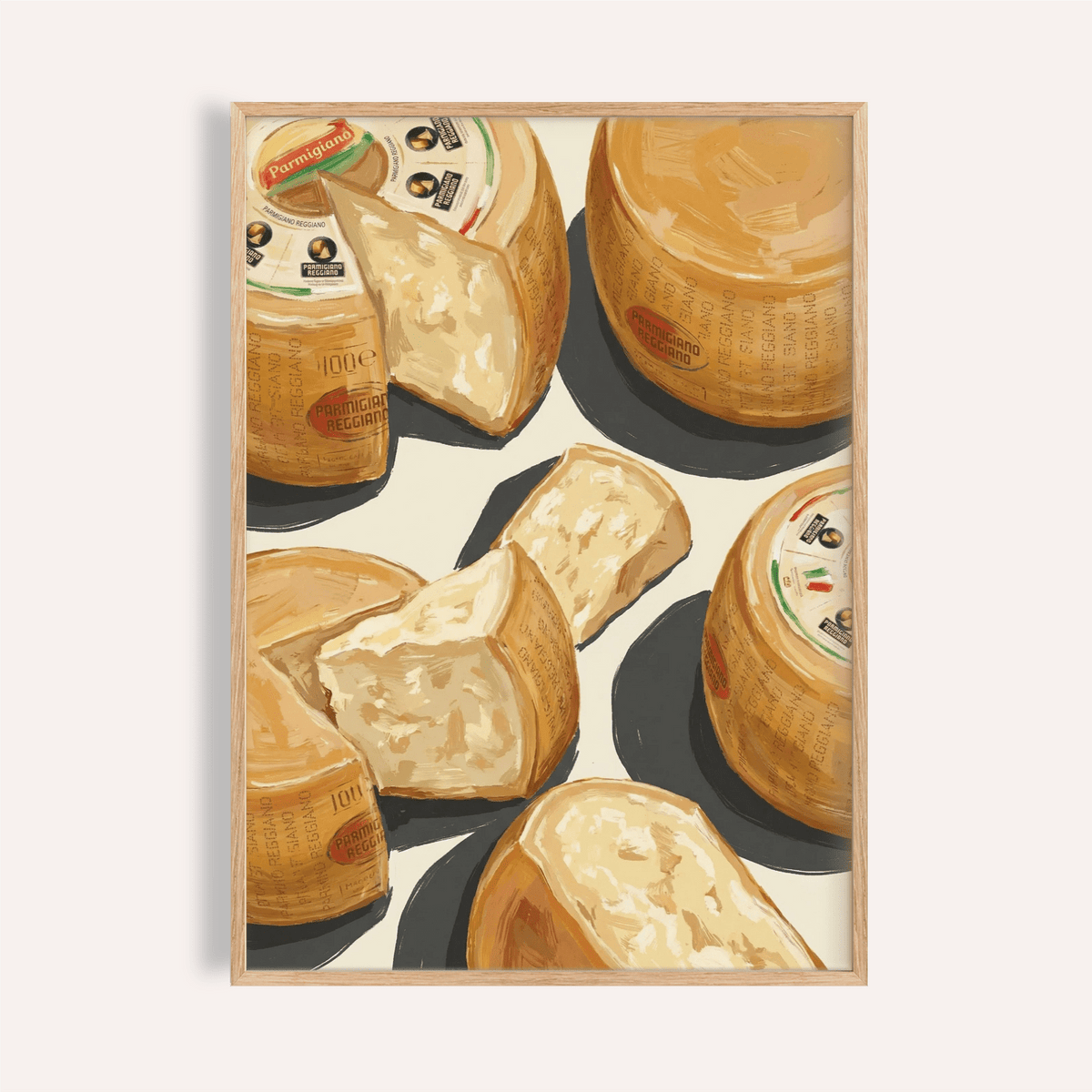Framed Parmegiano Reggiano Art showing illustrated parmesan cheese wheels and pieces in warm tones