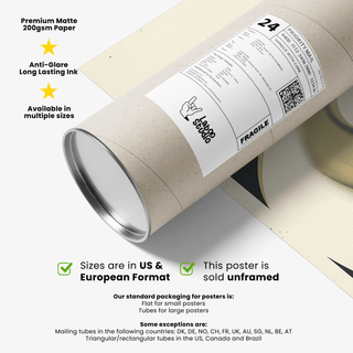 Packaging tube with vintage racing art print on a beige background and shipping label visible