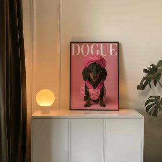 Fashion Dachshund wall art leaning on a white cabinet next to a lit lamp and green plant