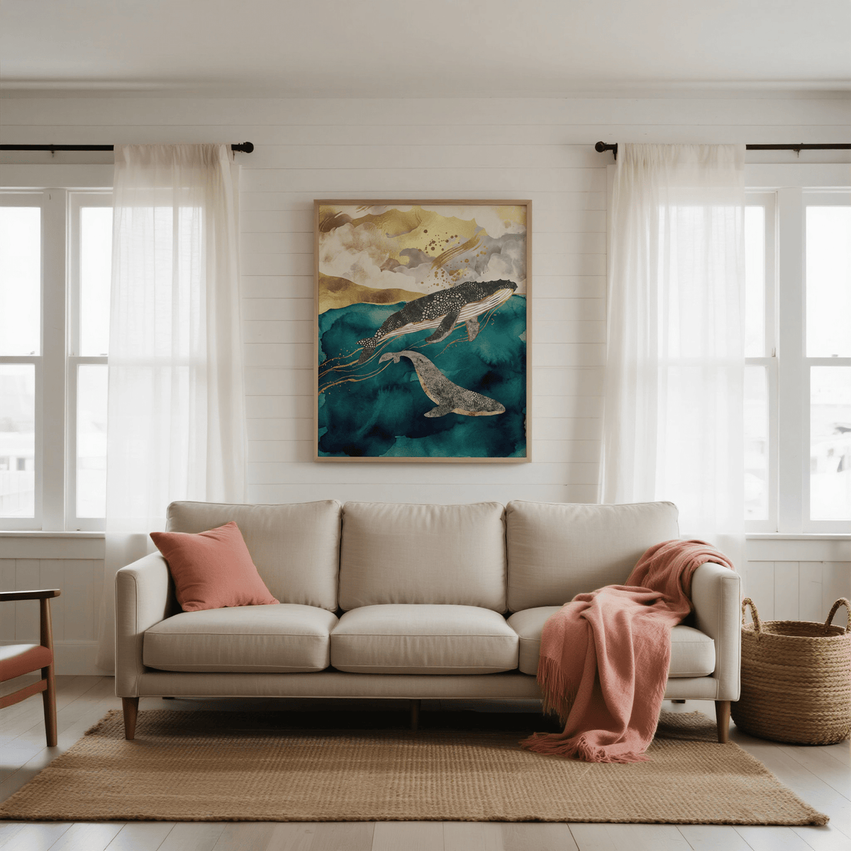 Whale art print of two whales in blues and golds above a beige sofa with a coral throw in a bright living room