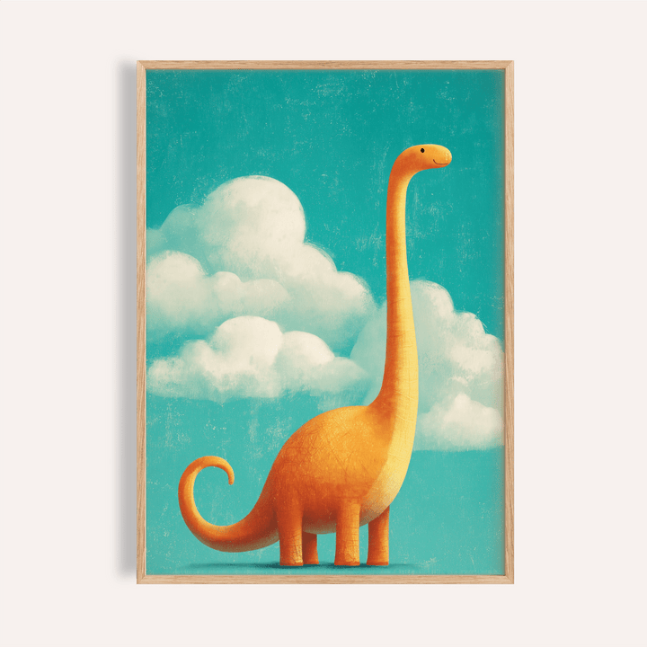Nursery Room Poster of a smiling orange brontosaurus on a blue sky background