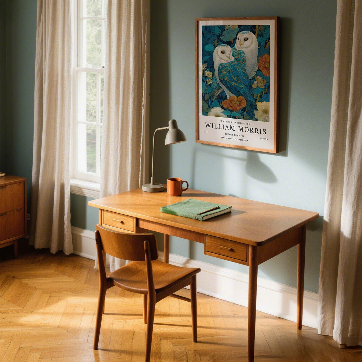 Wall Art Unique framed print of two barn owls with blue and orange floral details above a wooden desk in a study
