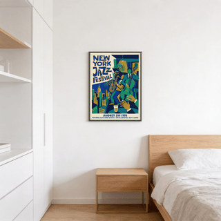 Jazz Music Poster print on a bedroom wall with wooden bedside table and white bedding