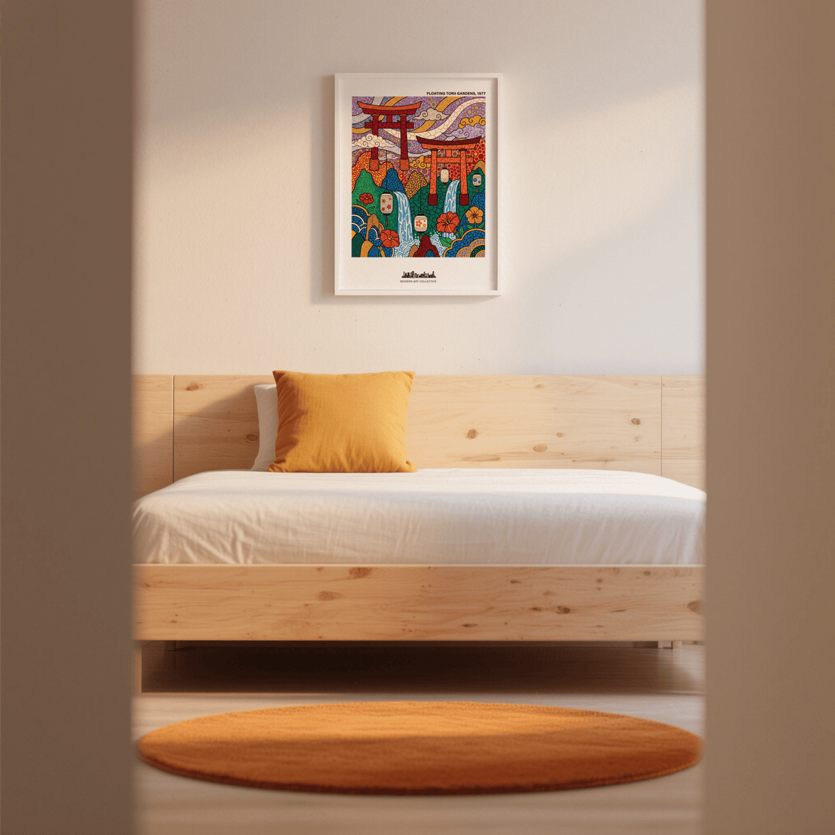 Japanese Garden Art Print with floating torii gates in warm tones above a bed with an orange cushion