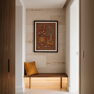 Indian Folk Art Print of Krishna playing flute with orange and brown tones hung above a bench with an orange cushion