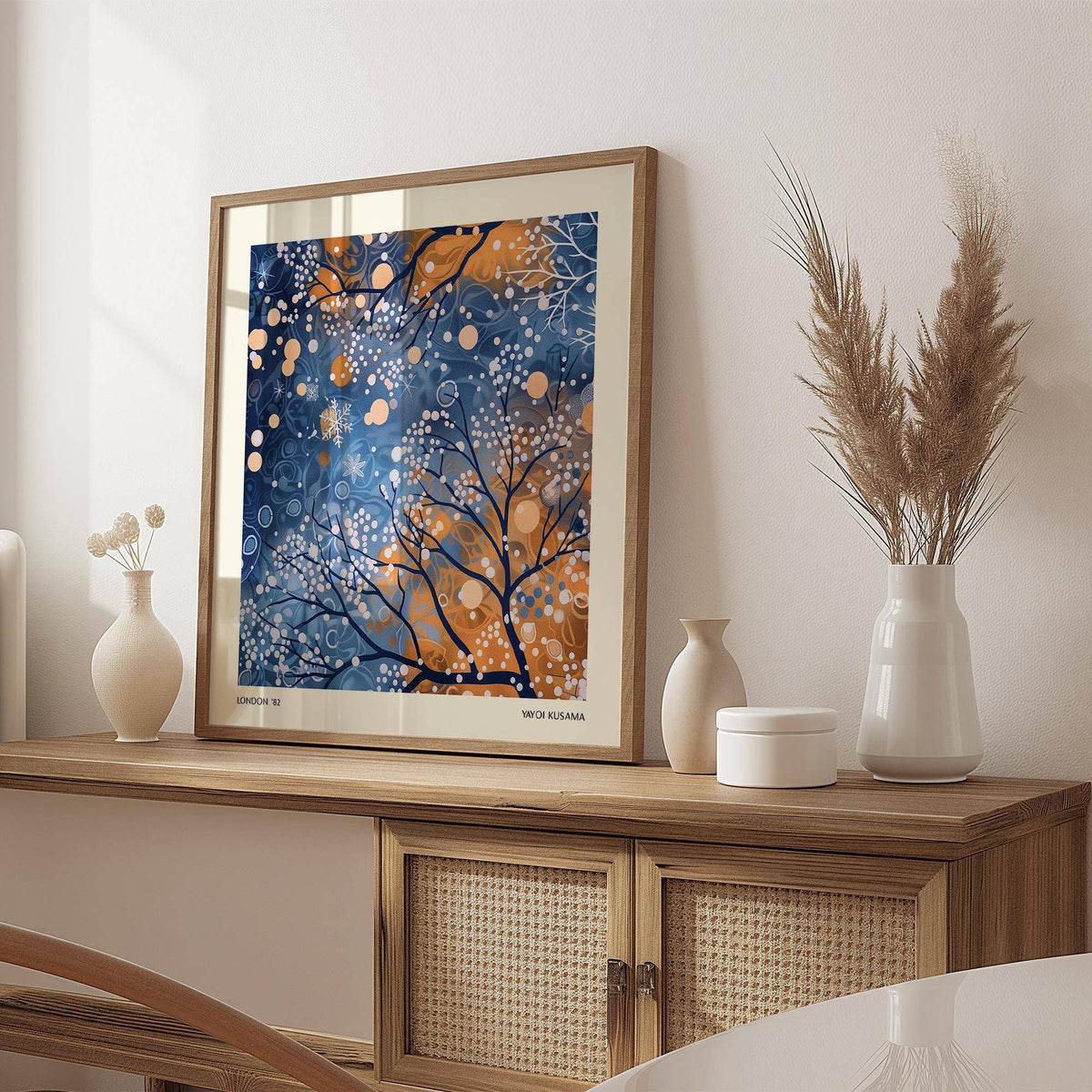 Winter Scene wall art leaning on a wooden sideboard with vases and dried grasses nearby
