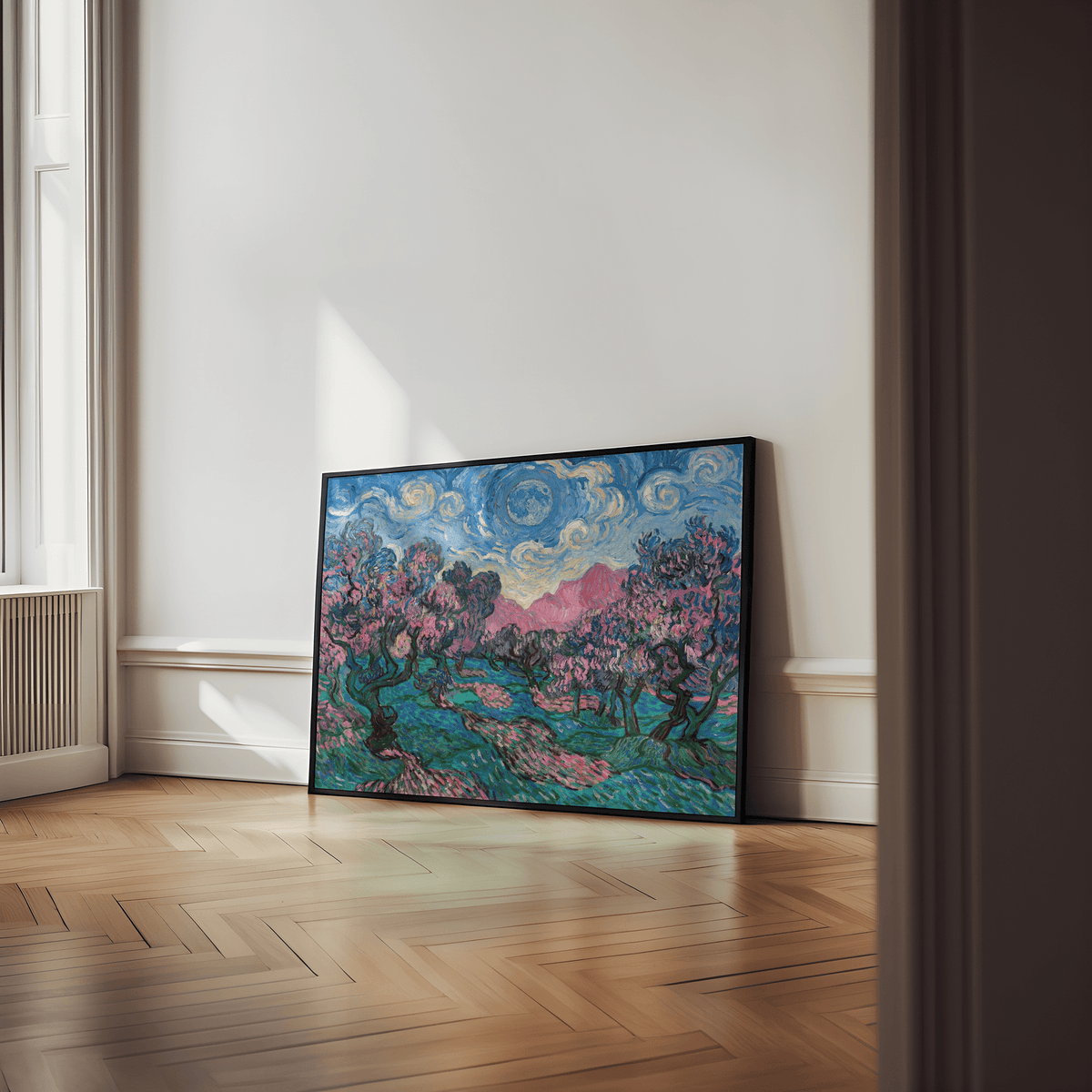 Colorful Landscape Art print leaning on a white wall with wooden floor and natural light