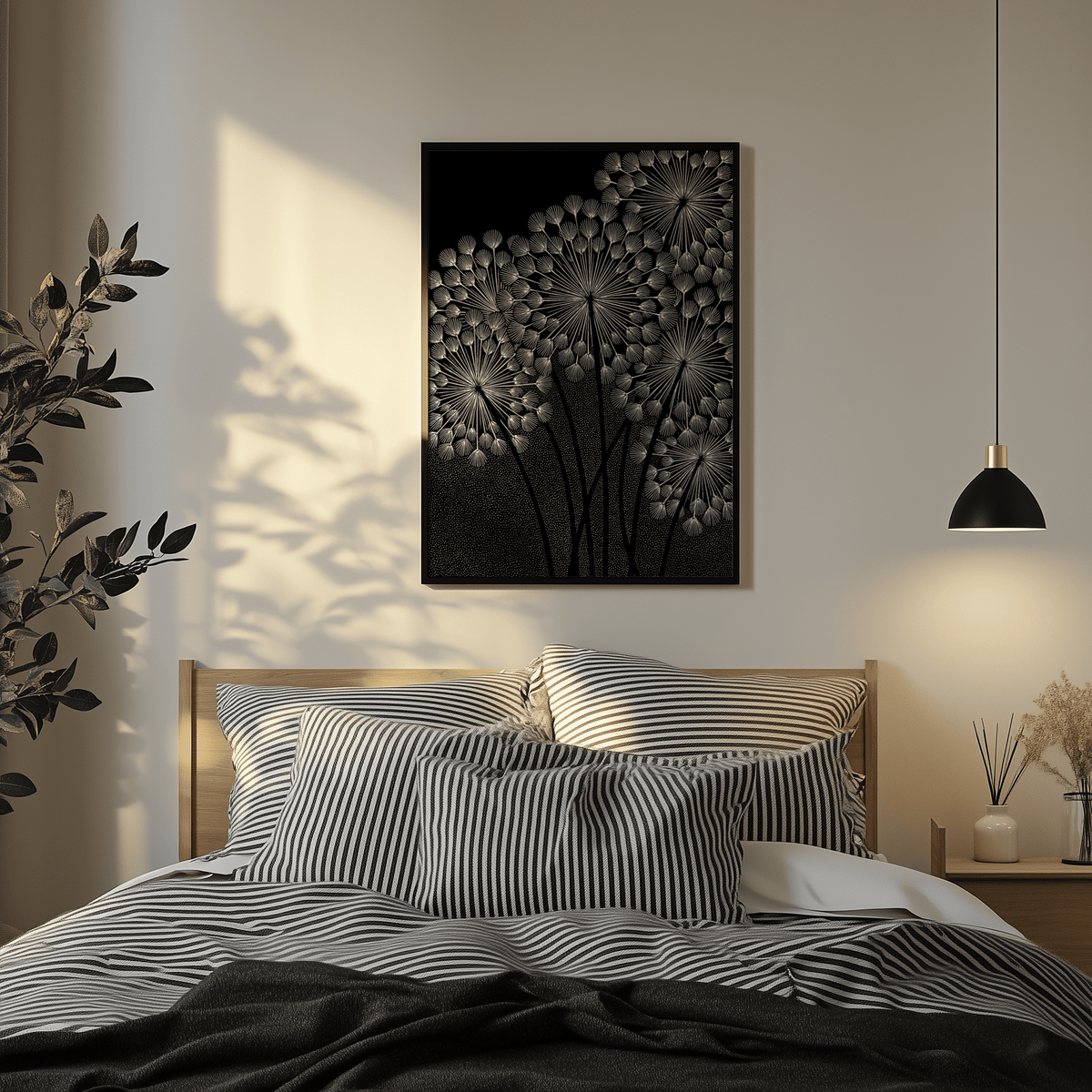 Dandelions wall art with white minimalist line-art dandelion heads above a bed in a bedroom