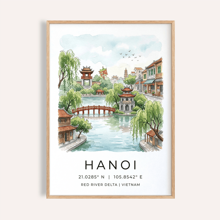 Framed Hanoi Landscape Wall Art of a river with green trees and traditional buildings in watercolour style