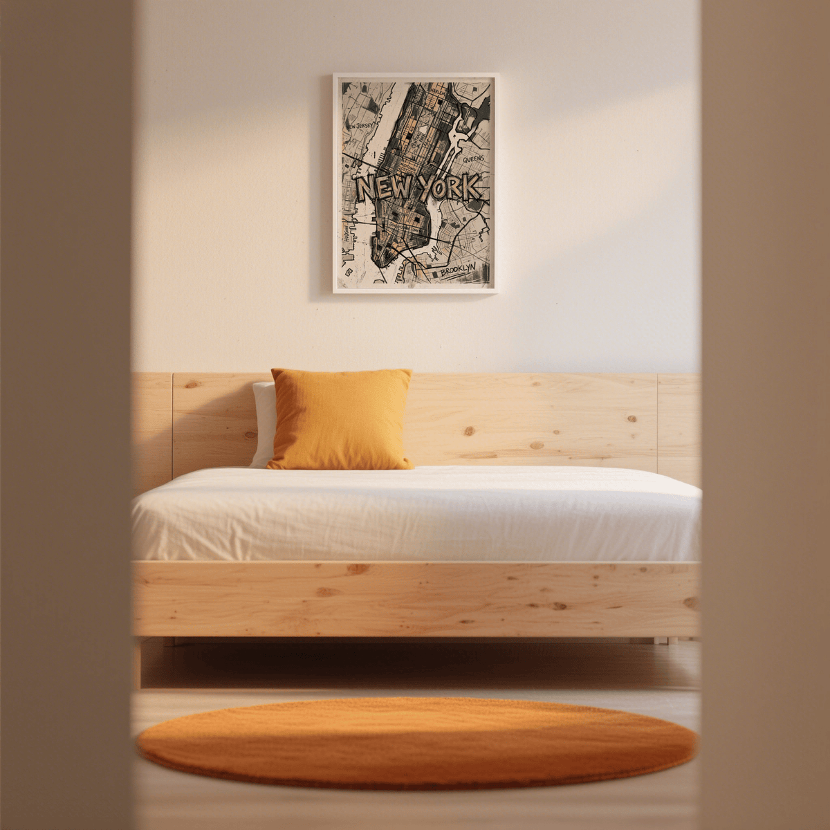 New York Map Art print on a bedroom wall above a wooden bed with an orange cushion and round orange rug