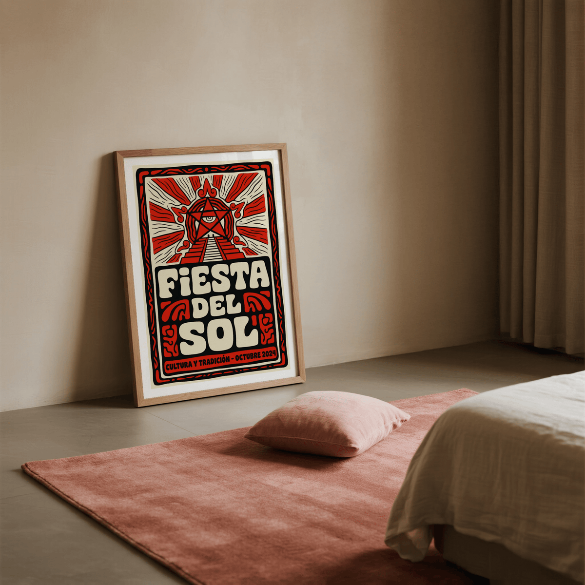 Fiesta Del Sol art print in folk-art style leaning on the floor by a pink cushion