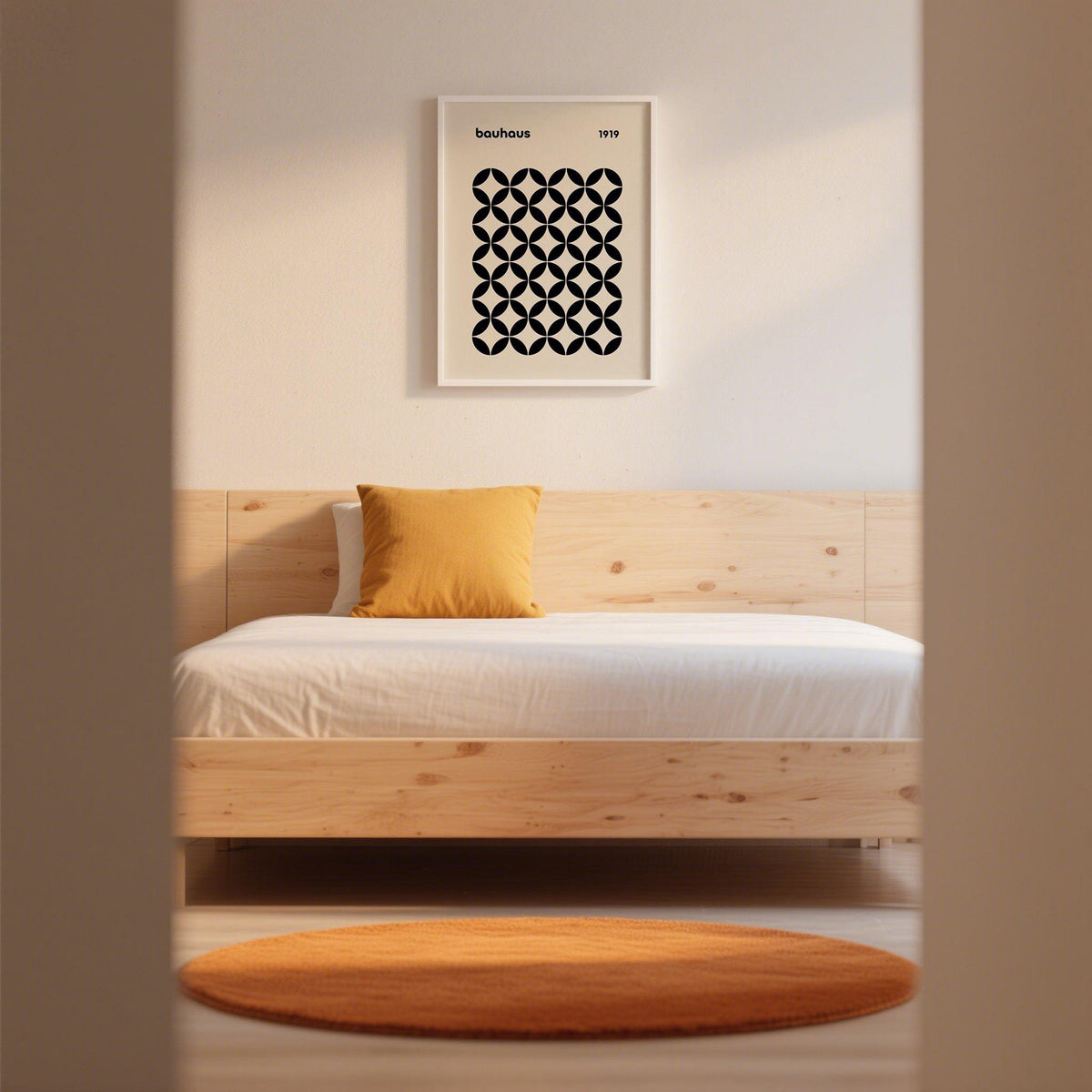 Mid Century Wall Print of black geometric grid in minimalist bedroom with mustard cushion