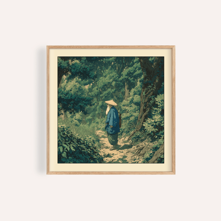 Hasui Kawase Vintage Woodblock Style print of an old man in a green forest with a beige path