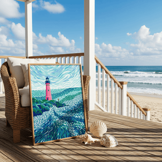 Modern Lighthouse Art print leaning on a wicker chair with seashells on a wooden porch by the beach