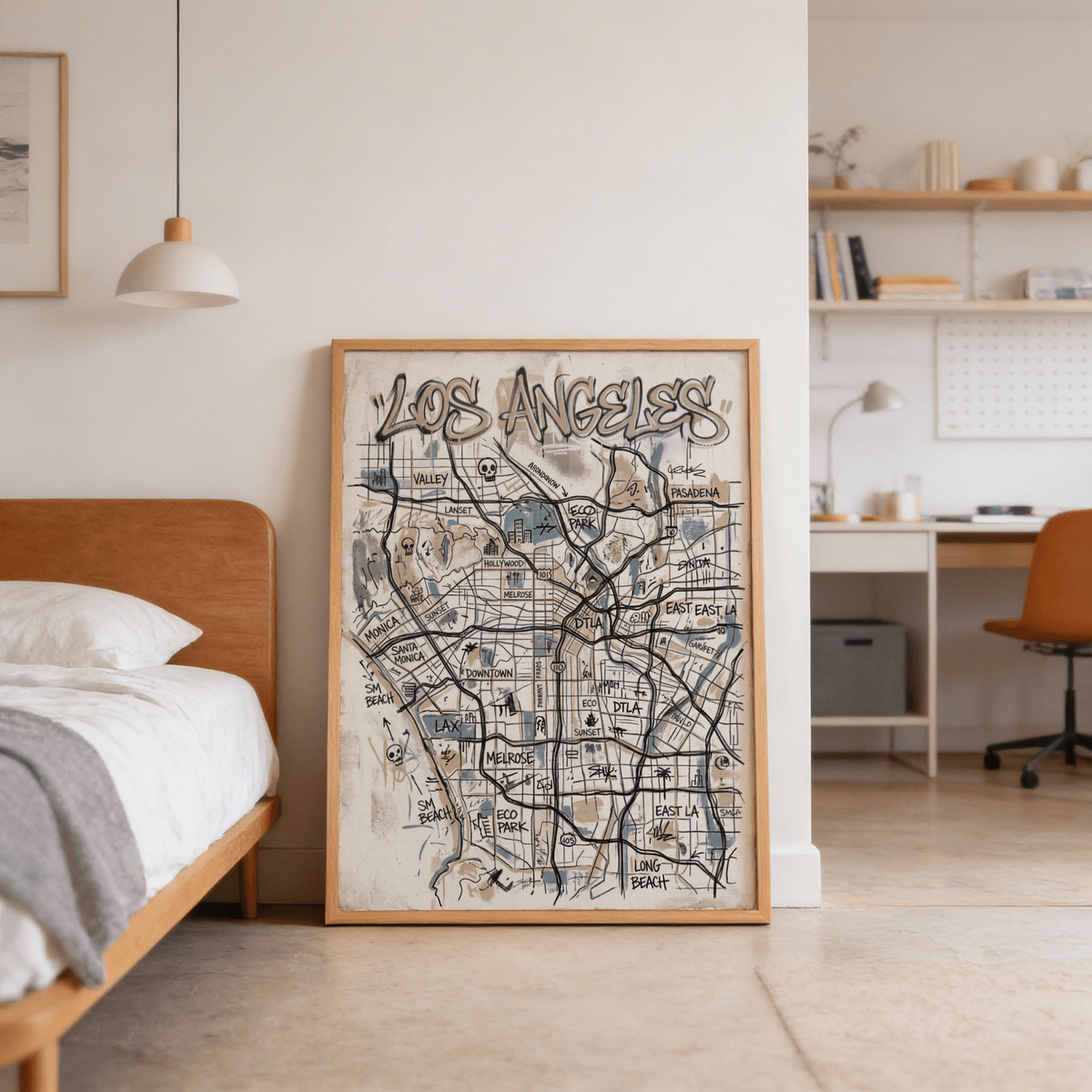 Los Angeles Map Art print leaning on floor in a bedroom with neutral and brown tones