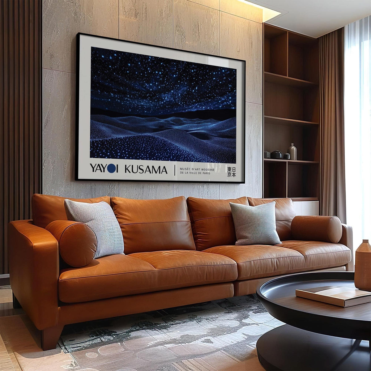 Night Sky wall art framed above a brown leather sofa in a contemporary living room