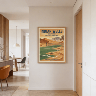 Vintage Tennis Poster framed print of a desert tennis court with muted orange and green tones in a hallway