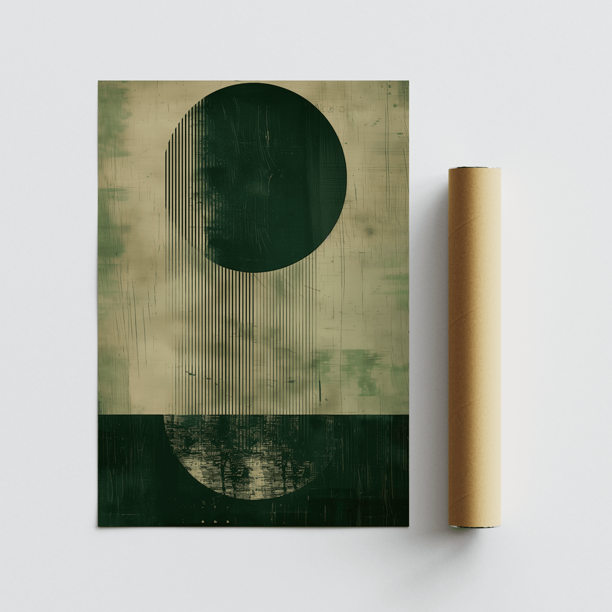 Modern abstract art print of green and beige circles beside a brown packaging tube