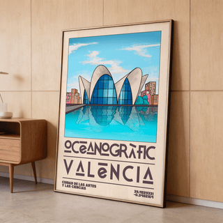 Valencia Oceanographic art print leaning against a wooden wall beside a mid century style cabinet with a vase