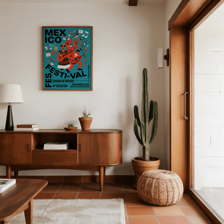 Mexican Festivity Art Print vibrant illustration of a mariachi band with teal background on a wall above a vintage wooden sideboard