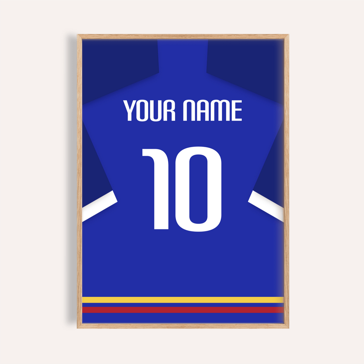 Framed football shirt poster in blue with white sleeve stripe and number 10