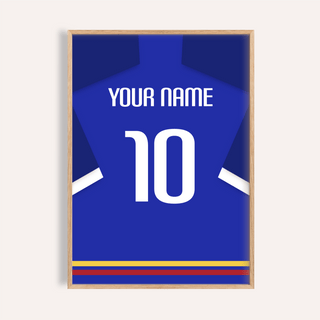 Framed football shirt poster in blue with white sleeve stripe and number 10