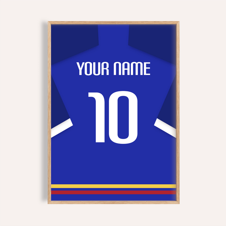 Framed football shirt poster in blue with white sleeve stripe and number 10