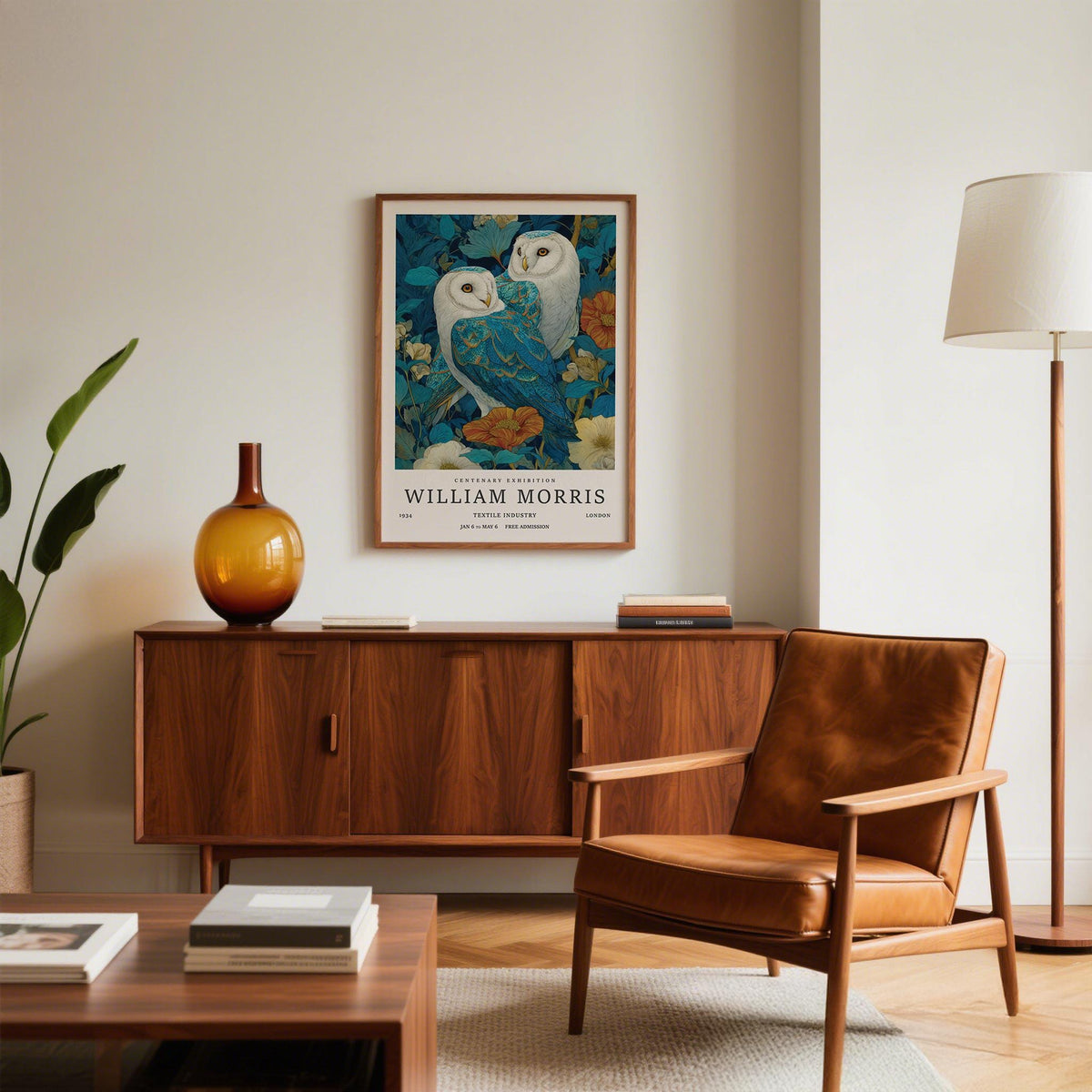 Wall Art Unique framed print of two barn owls with blue and white feathers in a living room with a leather chair