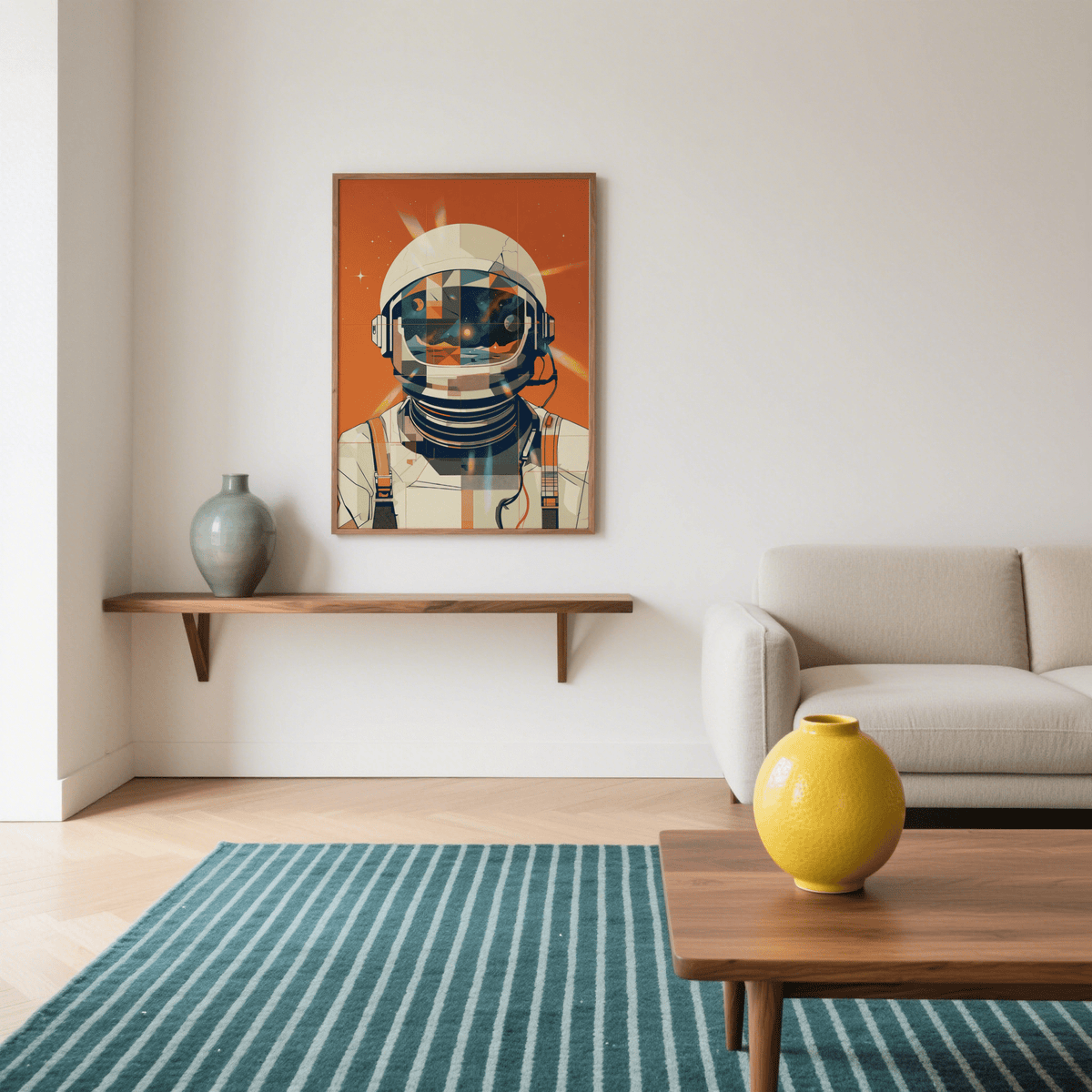 Print on a wall in a living room of an astronaut helmet illustration with orange and blue hues and a grey vase on a shelf